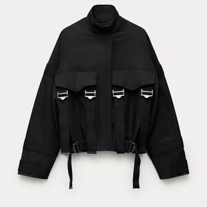 ZARA Collection Black Strap Silver Buckle Oversized Bomber Jacket Size Medium
